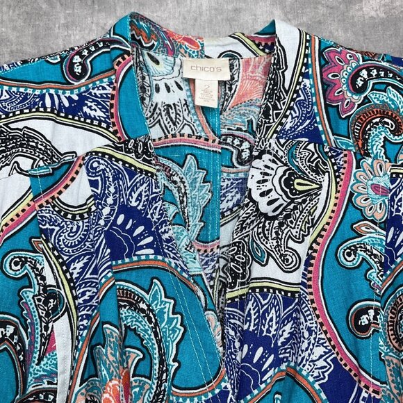 Chicos Open Jacket Women 2 Large 14 Blue Multi Paisley Linen Boho Peasant Drape - Picture 2 of 12